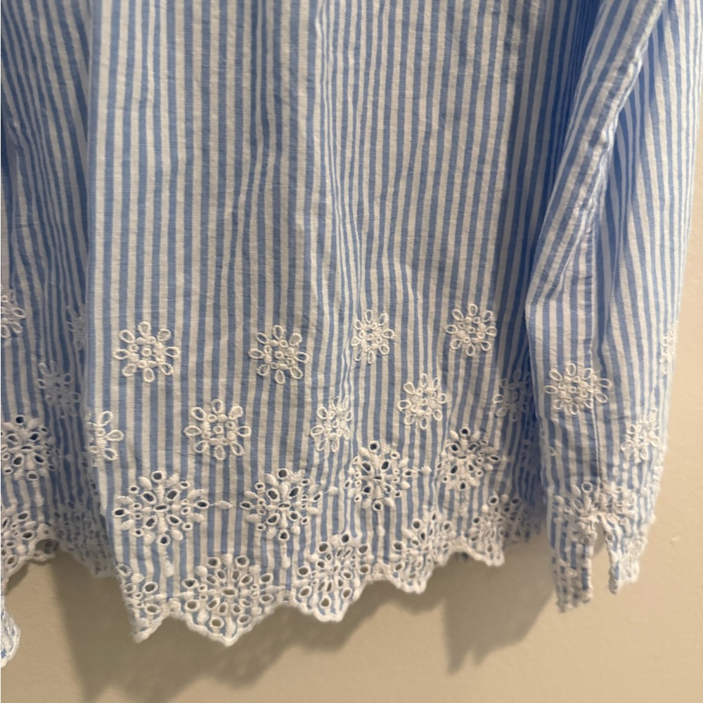 Loft Blue White Stripe Square Neck Flutter Sleeve Embroidered Eyelet Detail XL - Picture 6 of 11